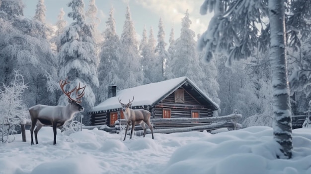 Reindeer in Christmas Winter Time Lapland with Beautiful Snowcovered Nature Behind and Winter Cabin