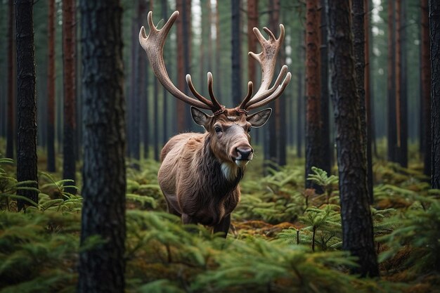 Reindeer in a dense pine forest