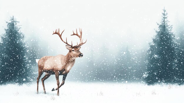 Photo reindeer flying through a snowy forest glittering path watercolor style