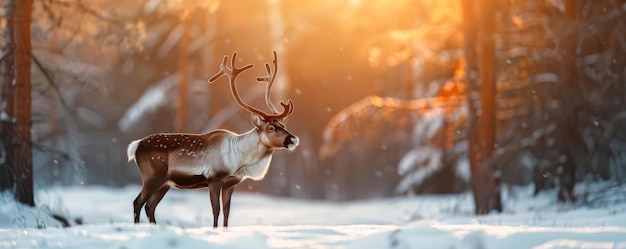 Reindeer Focus on a reindeer standing in the snow with a forest background soft daylight empty space left for text