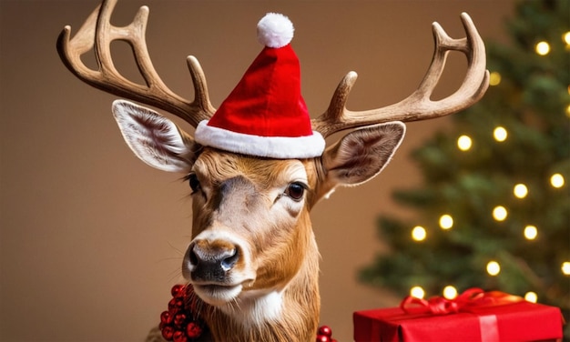 a reindeer head with a red hat on it