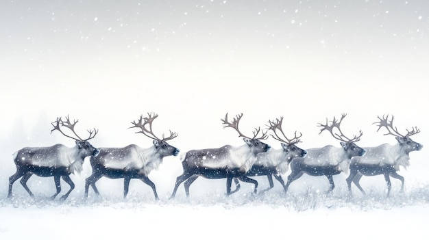 Reindeer Herd Walking Through a Snowy Landscape