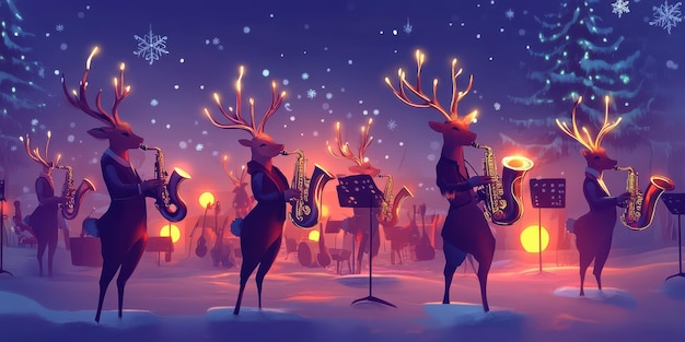 Photo reindeer jazz band performs a festive concert under glowing stars in a snowy winter wonderland