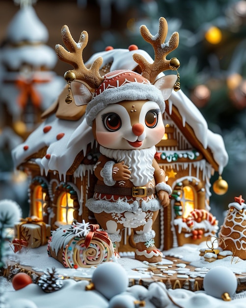 Reindeer Santa Claus In A Gingerbread House Wearing writing background