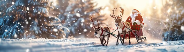 Reindeer Sleigh Focus on a reindeer pulling a sleigh with Santa with a snowy field background soft daylight empty space center for text