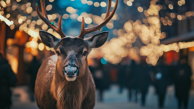 Photo a reindeer stands in the middle of a bustling christmas market with twinkling lights and a blurry crowd of people in the background