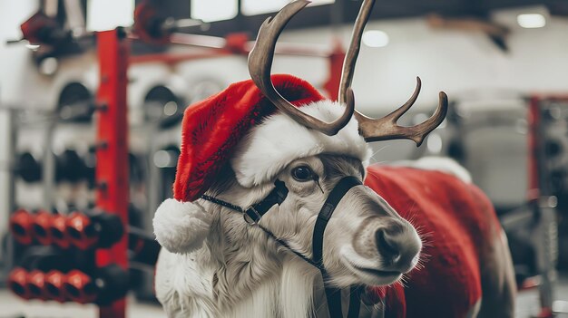 Photo a reindeer wearing a santa hat with the words  santa  on it