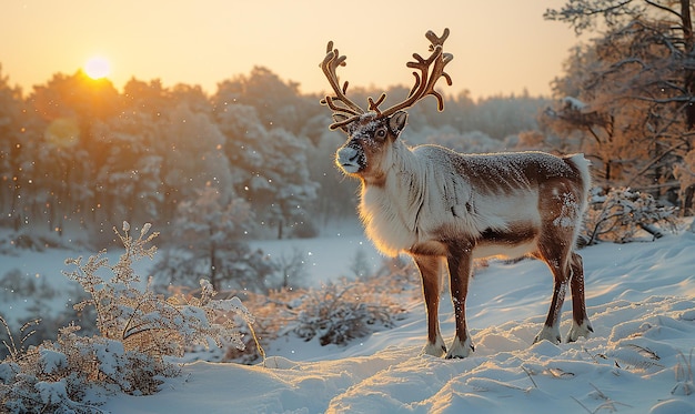 a reindeer with antlers standing in the snow