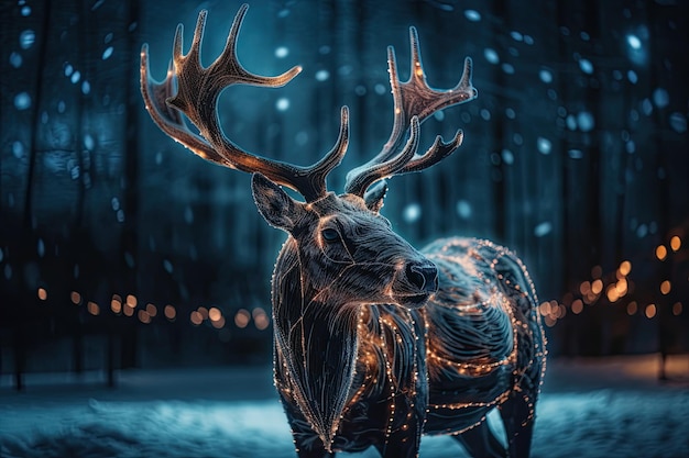 Reindeer with Christmas lights in the forest at night 3D rendering A magic festive reindeer covered in glowing lights AI Generated