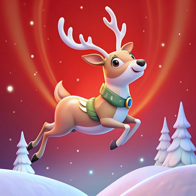 a reindeer with a green collar is flying over a snowy landscape