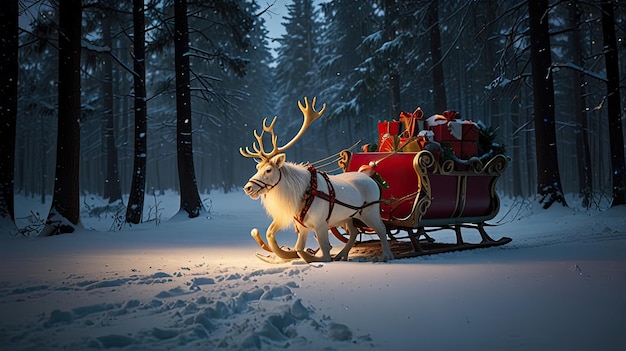 a reindeer with a red cover is pulling a sleigh with a red cover