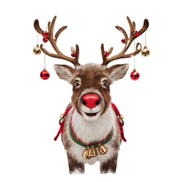 Photo reindeer with a red nose and a festive harness isolated on white background