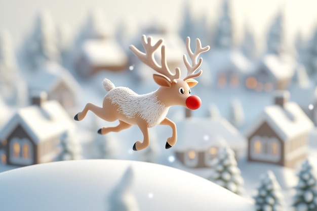 Reindeer with a red nose flying over a snowy town illustration By generative Ai