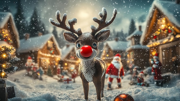 Photo a reindeer with a red nose is standing in the snow