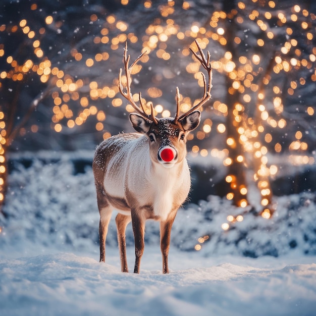 Photo a reindeer with a red nose stands in a snowy forest with twinkling lights