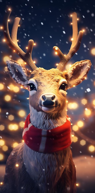 Reindeer with red scarf and christmas tree in background at night