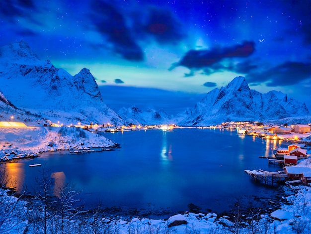 Reine village at night. Lofoten islands, Norway