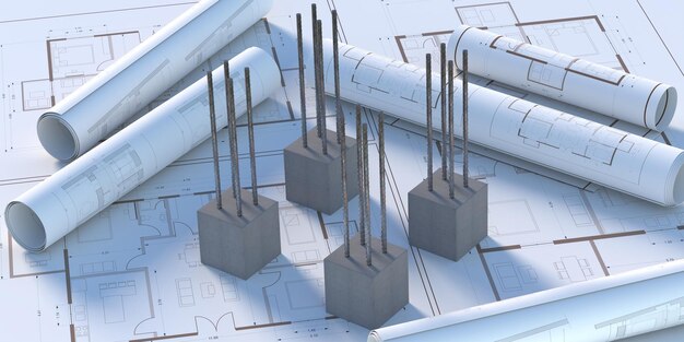 Photo reinforced concrete columns on blueprint plans 3d illustration