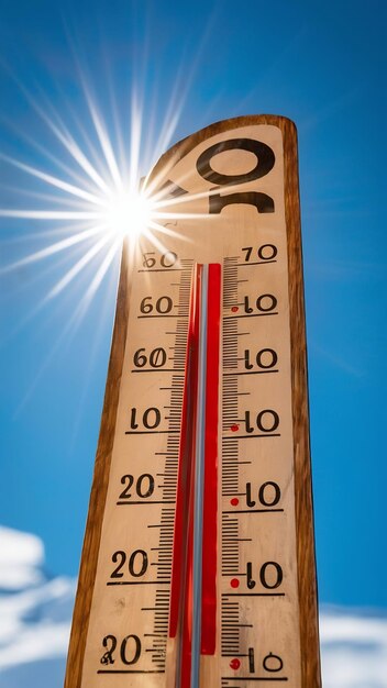 Photo rekordhitze thermometer mit strahlender sonne und blauem himmel im hintergrund