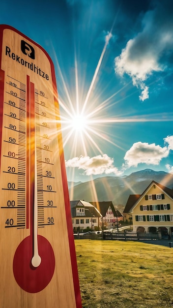 Photo rekordhitze thermometer mit strahlender sonne und blauem himmel im hintergrund