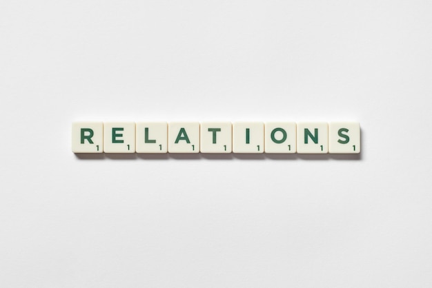 Relations formed of scrabble blocks on white background