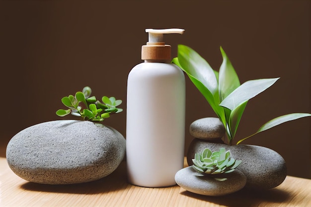 Relax composition massage stone white pump lotion bottlegreen plant on pine wood table spa clean