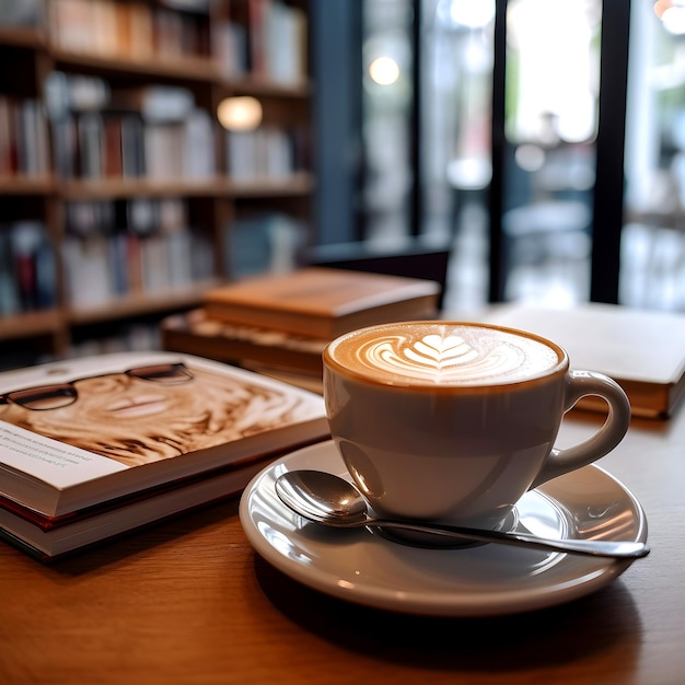 relax morning hot coffee on a table inside a shop coffee bean under the cup lifestyle and sunshine