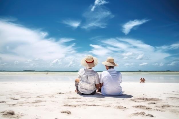 Relax senior couple on beach with blue sky