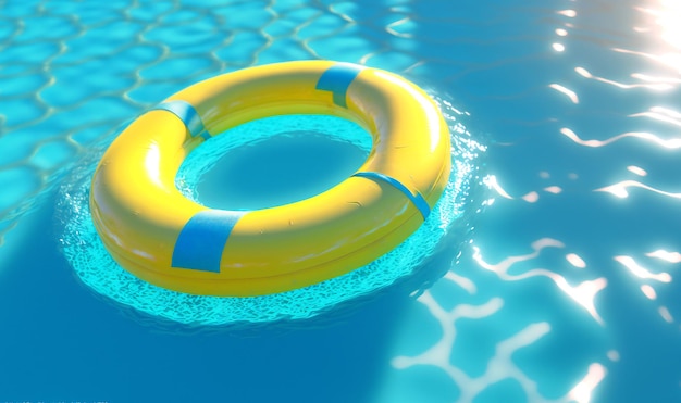 Relax in style and luxury with a vibrant yellow swimming pool ring float drifting peacefully in the refreshing blue water