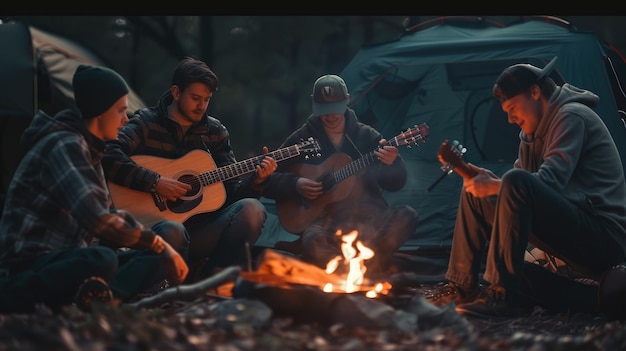 Relax with friends and guitars at a forest campsite enjoying music and companionship in nature AIG62