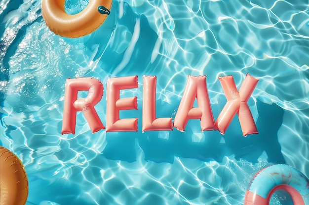 Relax word spelled out in inflatable pool floats in a summer holiday swimming pool