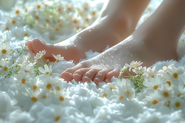 Relaxation and Beauty Bare Feet with Dew on White Daisies Perfect for Spa and Wellness Design