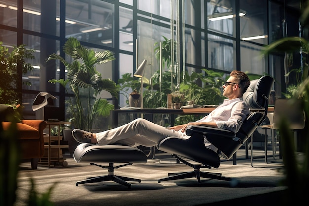 Photo relaxation in a modern office space surrounded by lush indoor plants during afternoon light