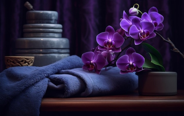 Relaxation Retreat Dark Purple Spa Towels and Orchids Generative AI