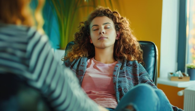 Photo relaxation session for young woman in comfortable chair during daytime at a therapy office