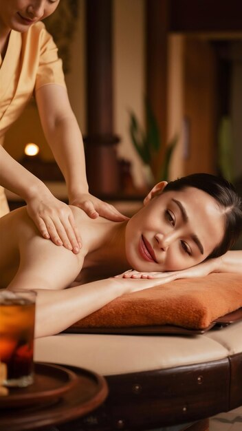 Photo relaxed asian woman lying on massage table receiving body massage enjoying thai spa at salon