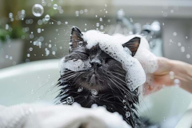 Relaxed black Cat Enjoying a Bath with Soap Bubbles and Gentle Care