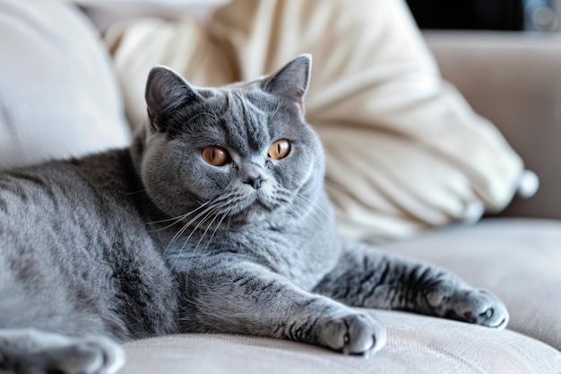 Photo relaxed british shorthair cat resting on a cozy couch at home ai