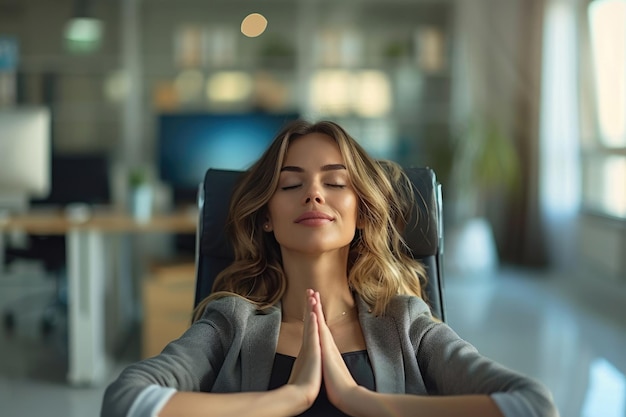 Photo relaxed businesswoman meditating in office stress free work environment