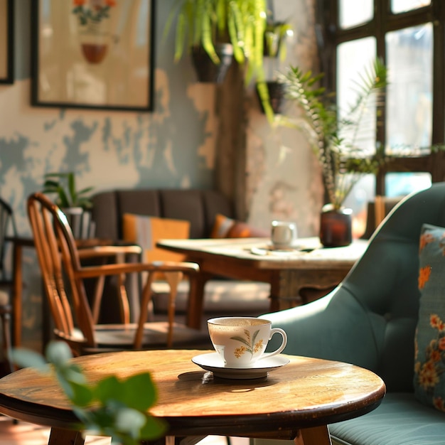 Photo a relaxed cafe escape cozy seating with a warm cup of tea