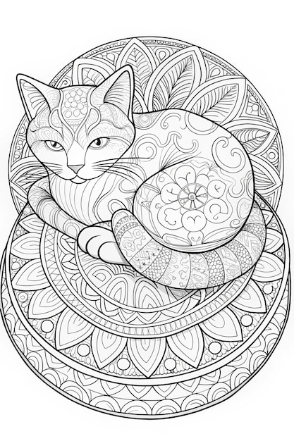 Photo relaxed cat coloring page minimalist line art on a patterned cushion