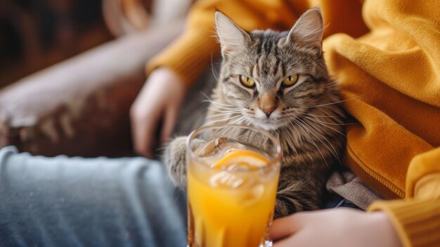 Relaxed cat shares a lap with a person sipping on an orange drink together