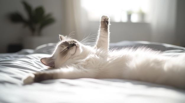 Photo a relaxed cat stretching on a bed in soft sunlight