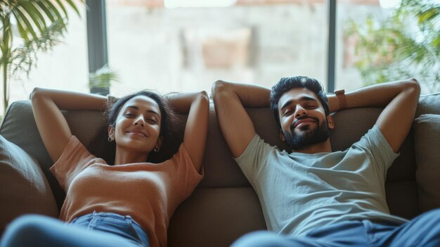 Photo relaxed couple enjoying quality time together on a cozy sofa in a bright living room filled with greenery during the afternoon