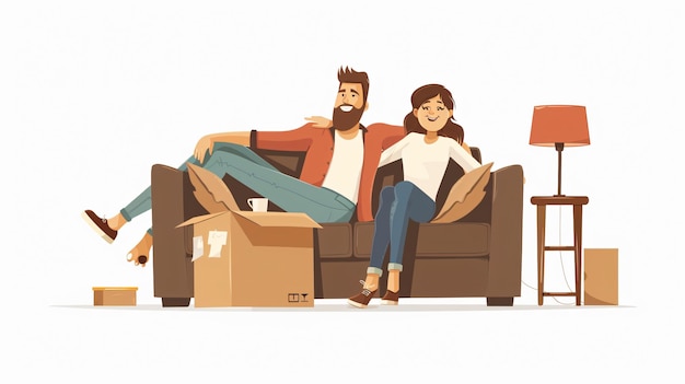 Relaxed Couple Resting on Sofa While Moving Household Items