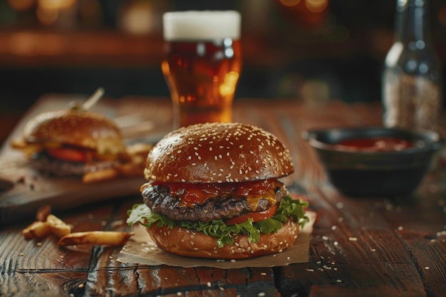 Relaxed Dining Hamburger with Two Beers on Wooden Table Beautifully Composed Image