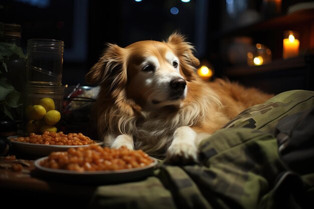 Relaxed dog watch TV next to the owner generative IA