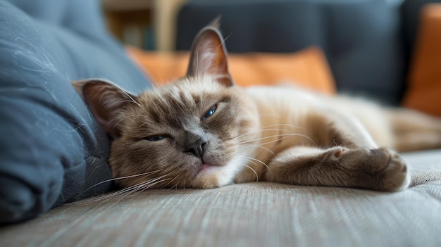 Relaxed Domestic Shorthaired Cat Lounging Comfortably on a Wooden Floor Inside a Cozy Home