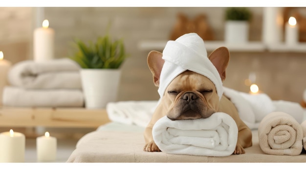 Relaxed French Bulldog Enjoying Luxurious Pet Spa Treatment in Serene Ambiance