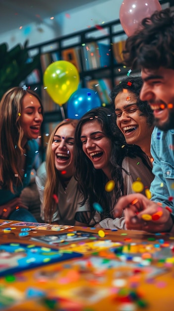 Photo relaxed game night friends playing board games